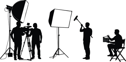 Film production crew silhouettes, video shooting team, studio lighting camera microphone setup, filmmaking process, professional media production illustration © MdAnoar