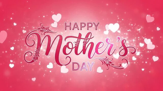 Elegant Happy Mother's Day greeting card with hearts and sparkles on pink background.