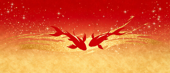 Chinese traditional New Year koi swimming red gold gradient background