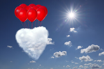 Fototapeta premium Red balloons taking fluffy heart-shaped cloud up into blue sky. Cute poster or card design for special and romantic occasions