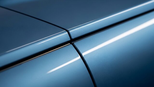 Close-up of a blue car's metallic surface with reflections.