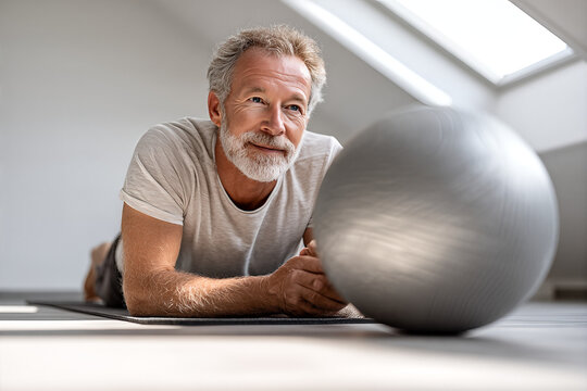 Senior man exercising at home with a stability ball on a yoga mat in a bright attic room, promoting healthy active lifestyle
