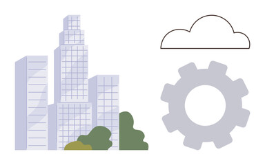 Fototapeta premium Innovation, technology, urban development, cloud computing, smart city, modernization. A city skyline with greenery, cloud and gear. Innovation and technology concept using urban and digital