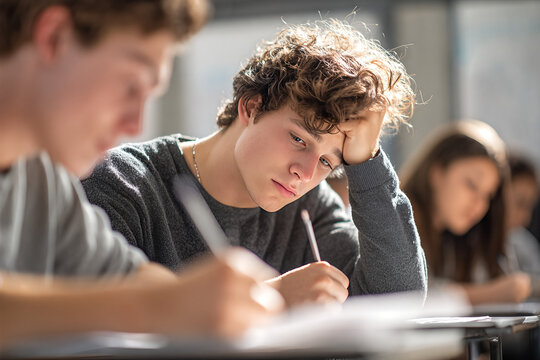 Thoughtful teenage student struggling during a classroom exam, showing concentration, fatigue and test anxiety under pressure