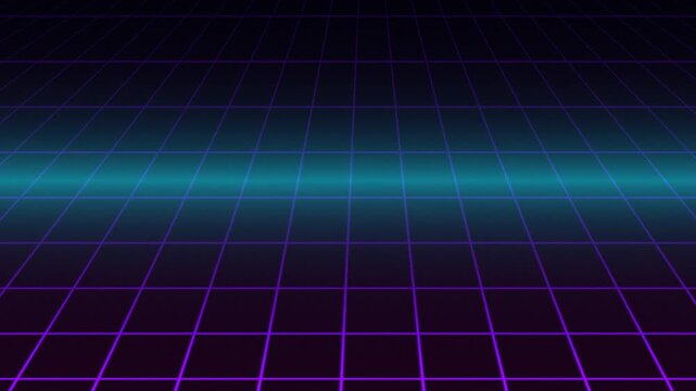 A perspective grid in a gradient of dark purple to teal, simulating a retro 80s aesthetic