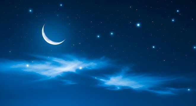 Papel pintado est&eacute;tico azul de un cielo nocturno surrealista con una luna creciente brillante de gran tama&ntilde;o, suaves nubes azules, estrellas titilantes y destellos.