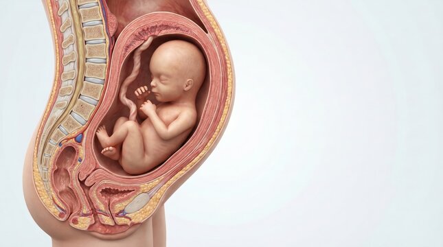 Detailed anatomical illustration of a human fetus developing inside the womb during pregnancy, showing the sagittal view of the uterus and surrounding maternal structures.