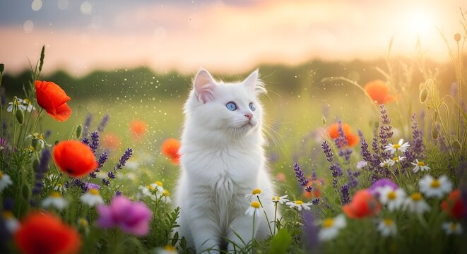 La imagen de las ilustraciones de un lindo gatito blanco y flores rosadas, fondo, papel tapiz