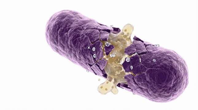 Microscopic view of a purple bacterium undergoing lysis, with its outer membrane cracking and internal yellow contents spilling out.