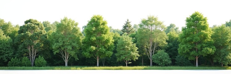 Obraz premium Diverse green trees create a dense forest line against a bright white sky. Lush foliage, varied shapes, and sizes fill the landscape, suggesting summer growth and nature.