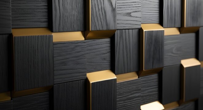 Eleve su espacio con un papel tapiz 3D que imite una lujosa decoraci&oacute;n de mosaico de madera y oro.
 Ai generado.