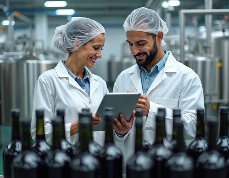 Two smiling factory workers in lab coats and hairnets inspect bottles on a production line using a tablet. They work in a modern beverage manufacturing plant with large metal vats and equipment. - Powered by Adobe