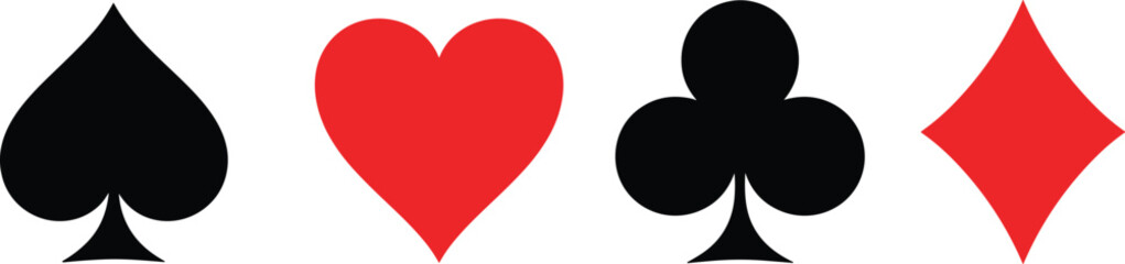 Playing card suit symbols set featuring spade heart club diamond icons simple flat shapes casino gambling game design vector illustration