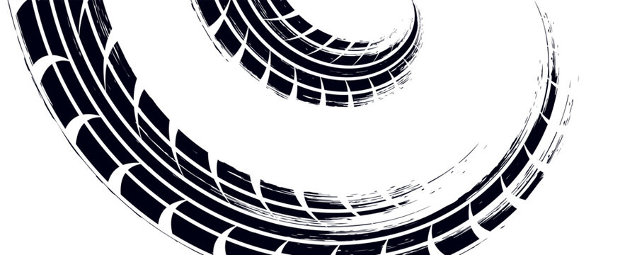 Grunge tire track, wheel braking marks. Truck, car or motorcycle tread pattern silhouette. Auto race, motorsport, speed racing design element. vector eps10