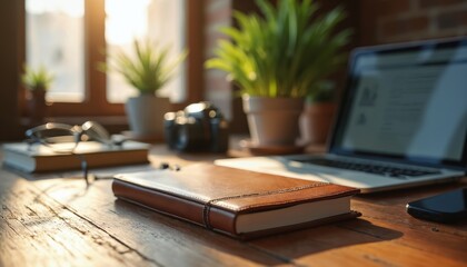 Brown leather bound notebook rests on a wooden desk next to an open laptop and eyeglasses. Indoor workspace with plants and sunlight streaming through window. Digital device and planner for work.