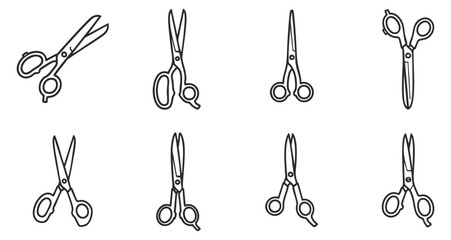A collection of various scissors illustrated in black and white outline vector style, ideal for crafting and design projects