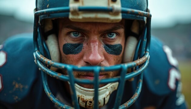 American football player stares intensely, face covered in dirt and eye black. He wears a blue helmet and pads, ready for game action. The athlete shows determination before a play.