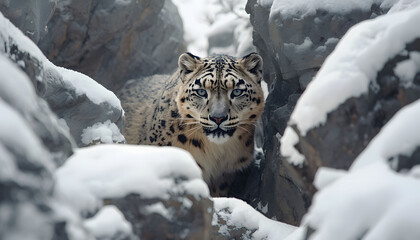 Fototapeta premium Majestic Snow Leopard Prowling Through a Snowy Mountain Crevice in Winter 