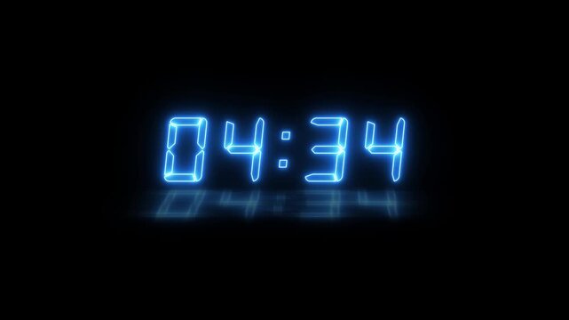 Abstract neon LED timer for 5 minutes countdown with reflection count animation on a black screen. Neon blue digital number clock with reflection.