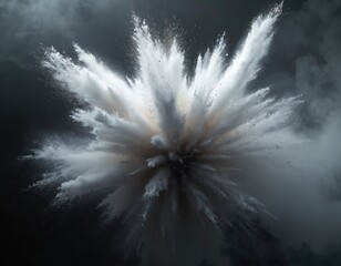 Obraz premium Abstract white powder explodes outwards against dark grey stormy sky. Fine particles and smoke cloud create dynamic motion effect. Energy burst forms dramatic shape. Texture element.