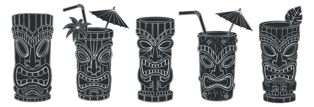A collection of tiki cocktail mugs featuring intricate designs in black and white vector style, perfect for summer parties and tropical-themed events