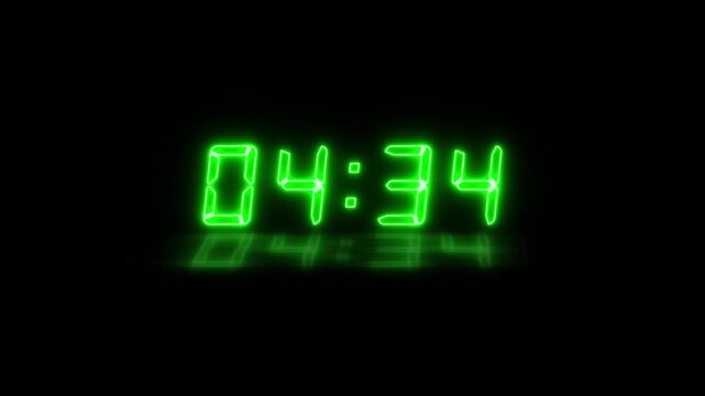 Abstract neon LED timer for 5 minutes countdown with reflection count animation on a black screen. Neon green digital number clock with reflection.