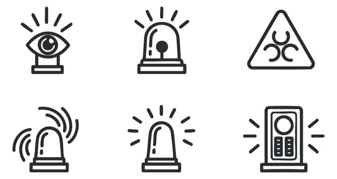 A collection of emergency alert icons including a siren, eye symbol, hazard symbol, and notification lights in minimalist black and white outline style, suitable for safety and security applications