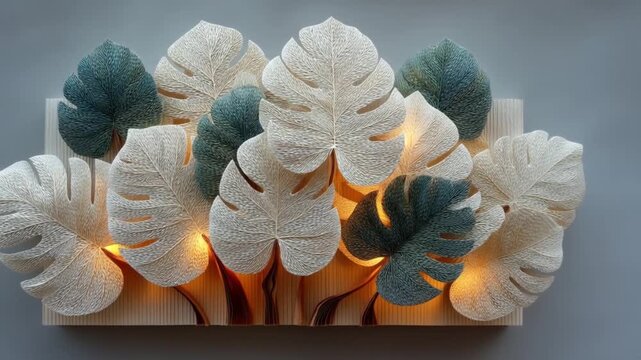 Decorative monstera leaf arrangement with integrated warm lighting