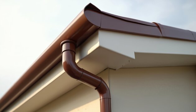 Brown PVC gutter system on house roof edge. Sloping rooftop detail with downspout directing rainwater. Exterior construction building feature for water management.