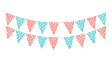 Pink and blue polka dot bunting garland creating a festive decoration for celebration, party, or events, transparent background