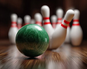 Green marble bowling ball with a smooth, glossy surface rolling towards a set of white pins with red stripes on a wooden lane