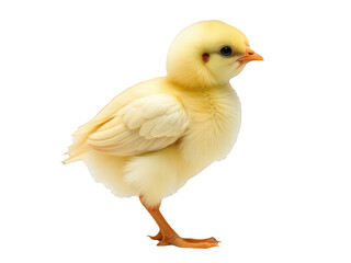 A small yellow chicken standing on a white surface