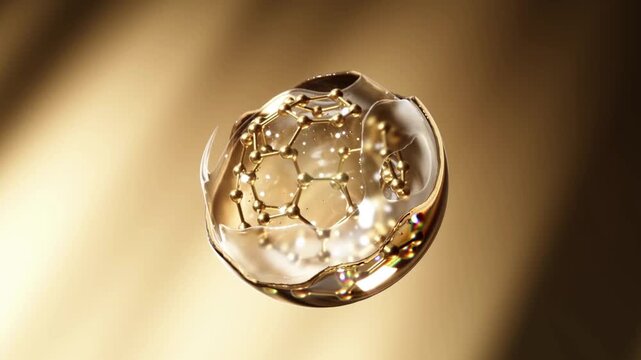 Captivating 3D animation 3D video showcasing a golden droplet of cosmetic skincare essence with molecular structures, symbolizing advanced formulations and luxury