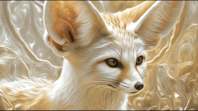 Close-up portrait of a fennec fox with large ears and a white coat in a beige abstract background with swirling patterns.