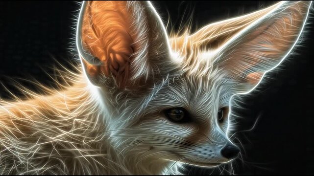 Close-up portrait of a fennec fox with large ears and a white muzzle against a dark background with cinematic lighting.