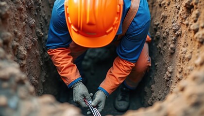 Naklejka premium Worker in hard hat installs fiber optic cable underground. Construction worker wears gloves and safety vest. Technician handles wires in trench during installation.