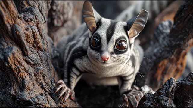 Close-up of a sugar glider peeking out from between tree branches with a curious expression on its face.