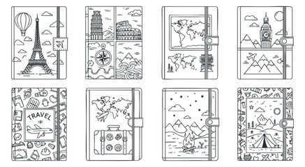 Obraz premium A collection of travel-themed notebooks featuring iconic landmarks and maps in black and white outline vector style, perfect for travel enthusiasts and planners