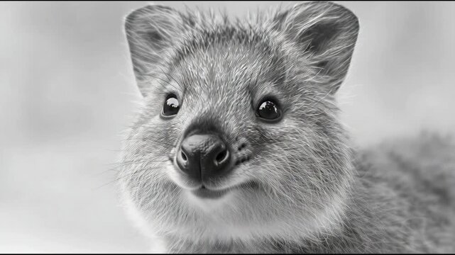Close-up portrait of a quokka looking directly at the camera with a soft, blurred background in black and white.