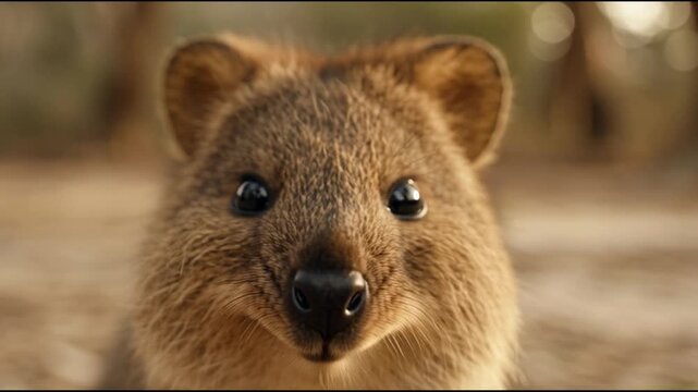 Close-up portrait of a quokka looking directly at the camera with a blurred natural background and warm lighting.