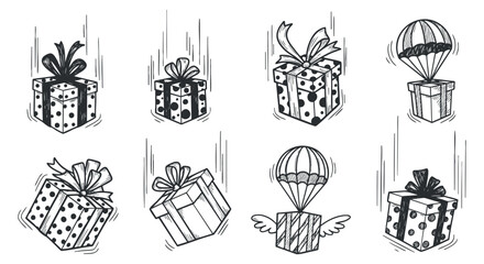 Fototapeta premium A collection of gift boxes with ribbons and balloons in whimsical hand-drawn black and white vector style, ideal for festive celebrations and creative projects