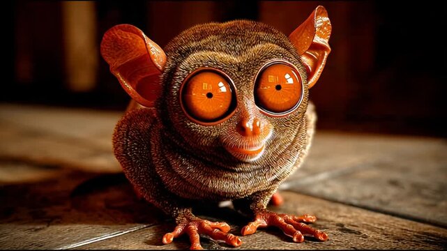 Close-up portrait of a tarsier with large orange eyes sitting on a wooden surface against a dark background with cinematic lighting.