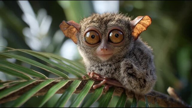 A tarsier with large eyes sitting on a palm leaf in a tropical forest with lush greenery and a blurred background.