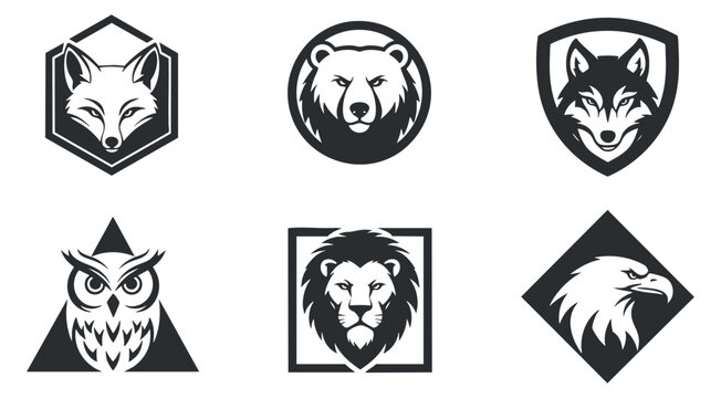 A collection of animal logos featuring a fox, bear, owl, lion, and eagle in black and white geometric vector style, ideal for branding and design projects