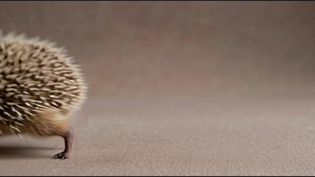 Close-up shot of a hedgehog walking on a textured surface with a shallow depth of field, warm tones, and a blurred background.