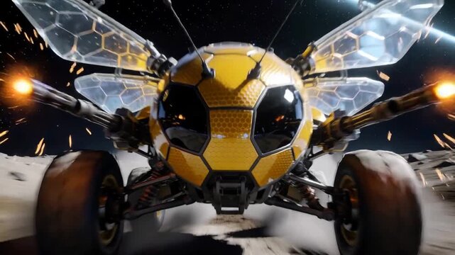A bee-themed futuristic rover on an alien planet, armed with guns, ready for action, its intricate design features hexagonal patterns and transparent wings