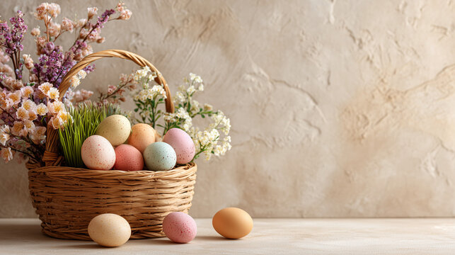 Rustic Easter basket filled with colorful dyed eggs and spring flowers on neutral background perfect for seasonal product promotions and holiday visuals
