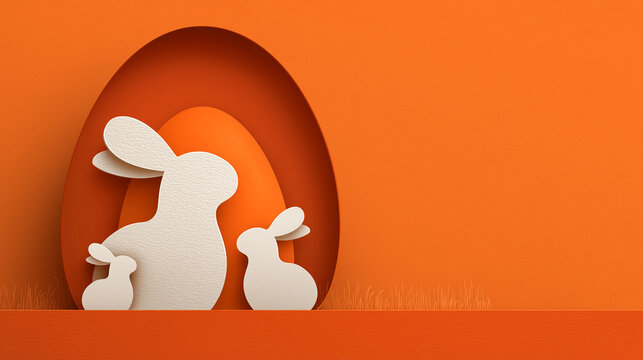 Minimal Easter card with abstract layered bunnies and egg shapes in vibrant orange tones ideal for festive greeting cards and modern spring visuals
