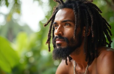 Man with dreadlocks and beard looks into distance. He is shirtless outdoors near lush green tropical foliage. His gaze suggests contemplation and a serene vibe. Attractive male model poses naturally.