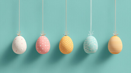 Pastel Easter eggs hanging on strings against turquoise background with soft shadows ideal for festive spring promotions and minimalist seasonal visuals
